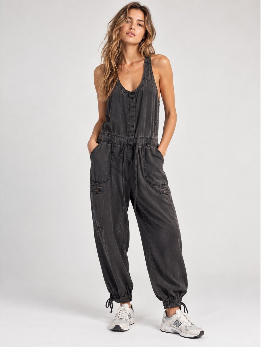Free People Size 0 Washed Black Utility Cargo Jumpsuit 100% Rayon